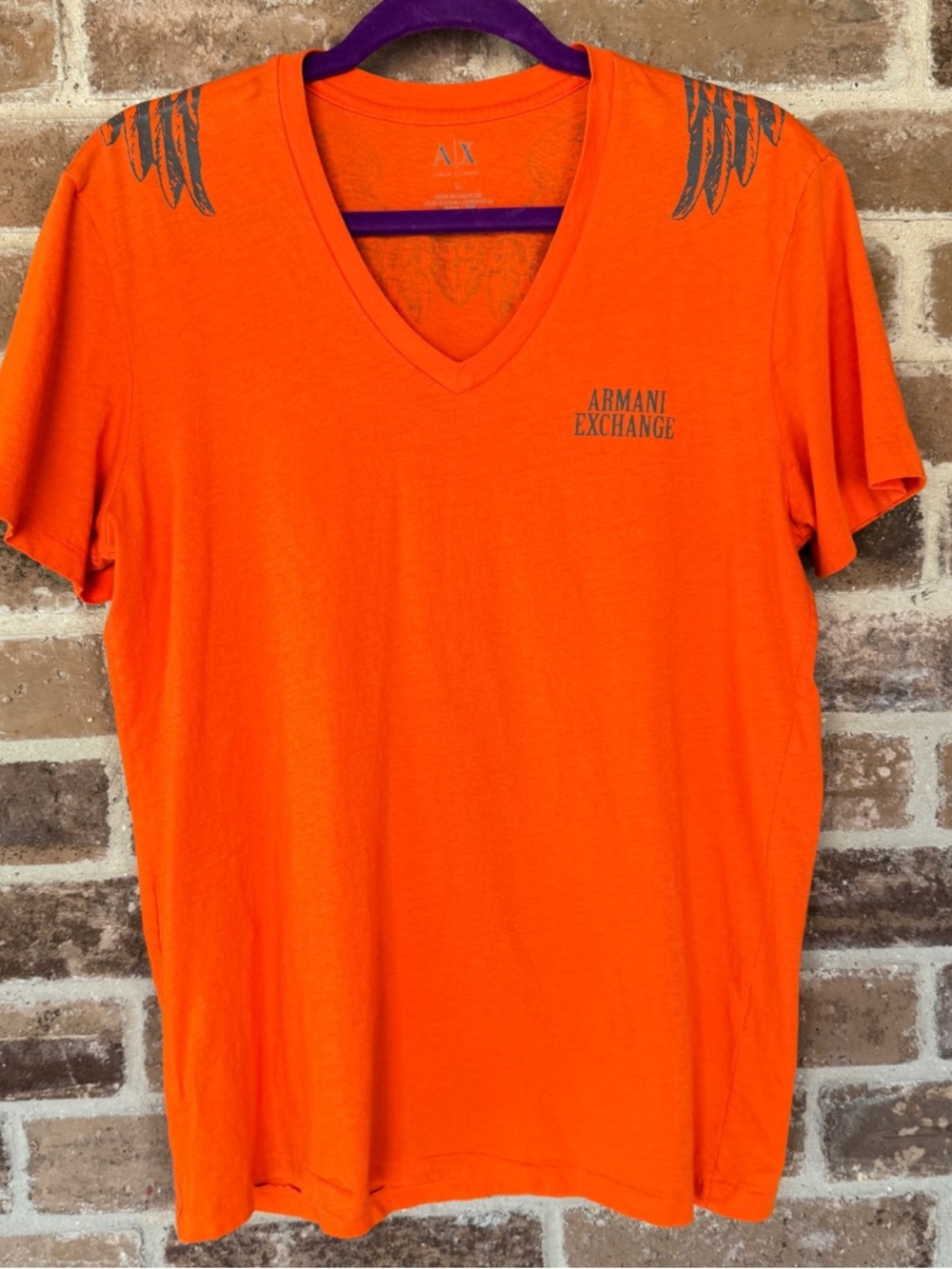 Armani Exchange Men’s Bright Orange V-Neck Tee with Shoulder Graphics